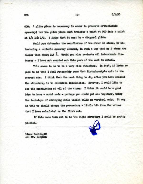 Memorandum from Linus Pauling to David Shoemaker. Page 2. June 2, 1950