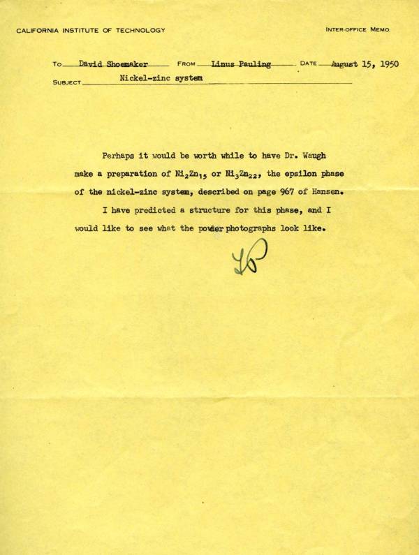 Memorandum from Linus Pauling to David Shoemaker. Page 1. August 15, 1950