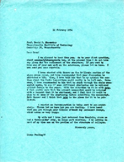 Letter from Linus Pauling to David Shoemaker. Page 1. February 12, 1954