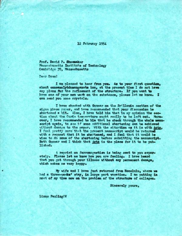 Letter from Linus Pauling to David Shoemaker. Page 1. February 12, 1954