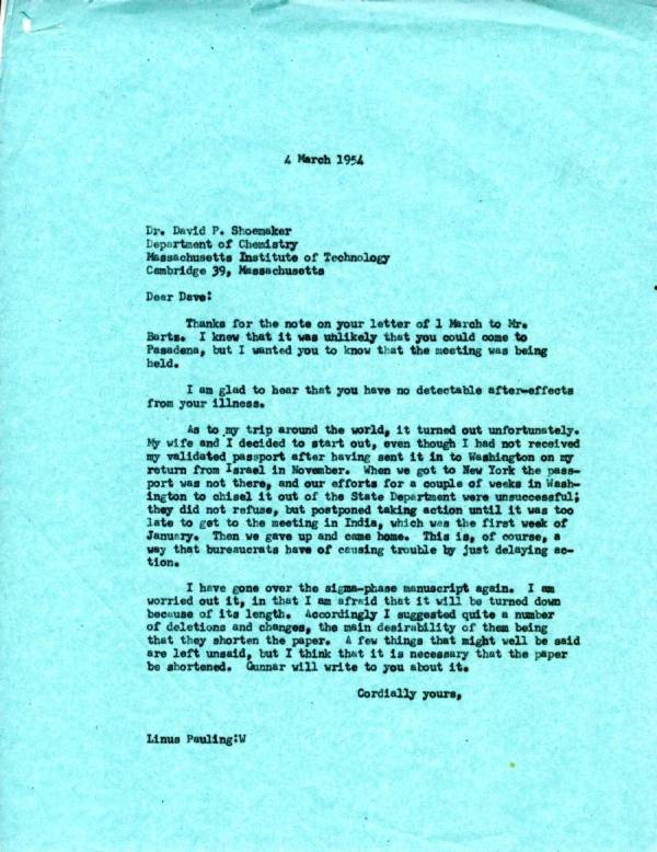 Letter from Linus Pauling to David Shoemaker. Page 1. March 4, 1954