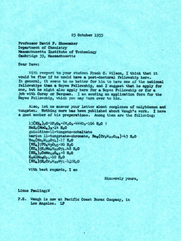 Letter from Linus Pauling to David Shoemaker. Page 1. October 25, 1955