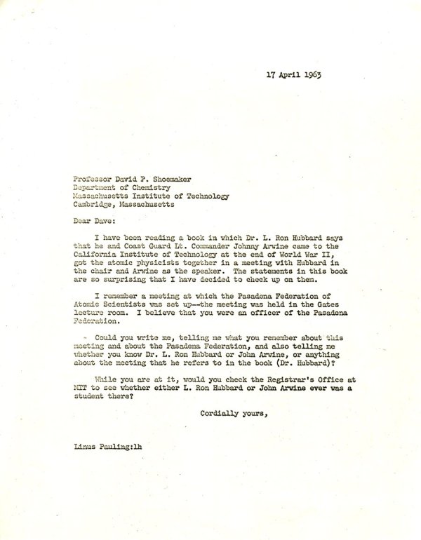 Letter from Linus Pauling to David Shoemaker. Page 1. April 17, 1963