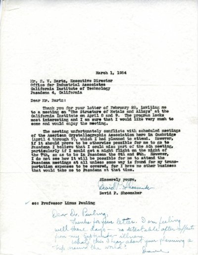 Letter from David Shoemaker to Robert V. Bartz. Page 1. March 1, 1954