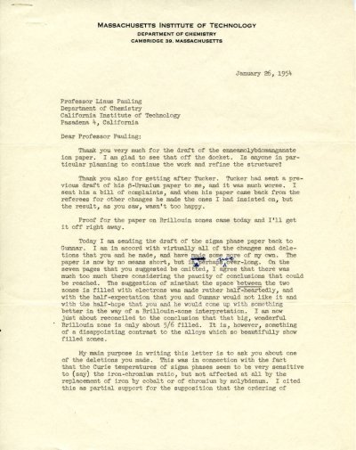Letter from David Shoemaker to Linus Pauling. Page 1. January 26, 1954