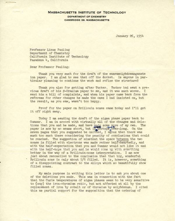 Letter from David Shoemaker to Linus Pauling. Page 1. January 26, 1954
