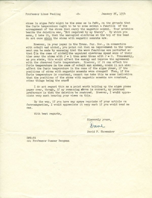 Letter from David Shoemaker to Linus Pauling. Page 2. January 26, 1954