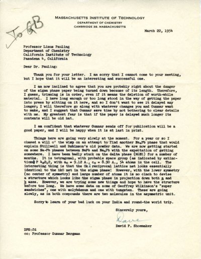 Letter from David Shoemaker to Linus Pauling. Page 1. March 22, 1954