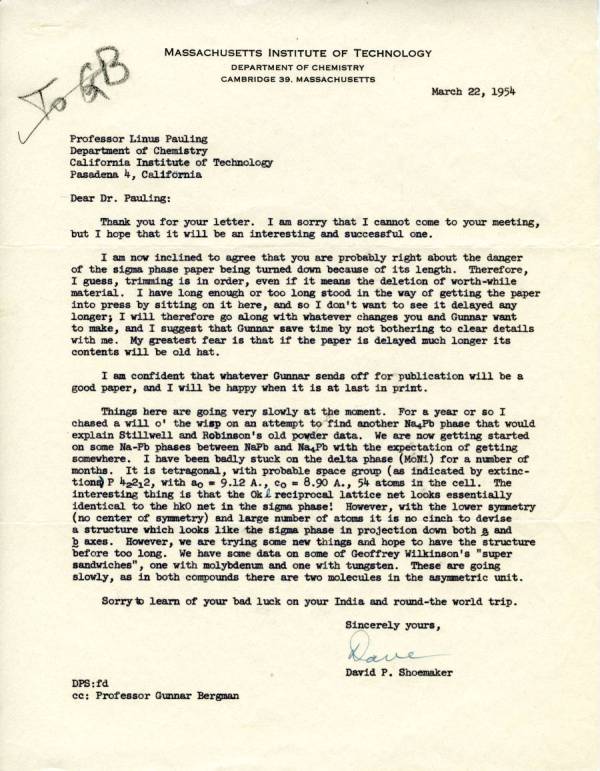 Letter from David Shoemaker to Linus Pauling. Page 1. March 22, 1954