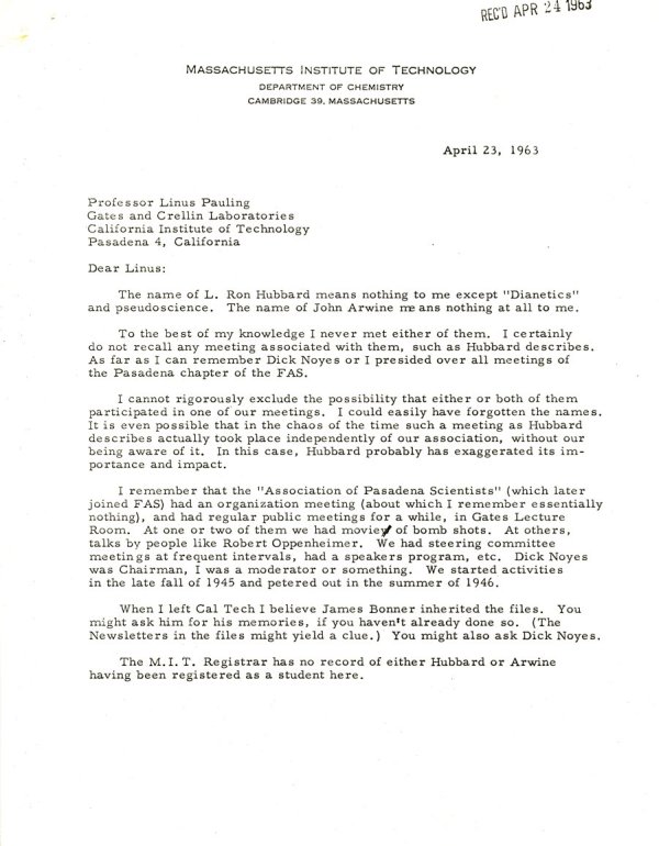 Letter from David Shoemaker to Linus Pauling. Page 1. April 23, 1963