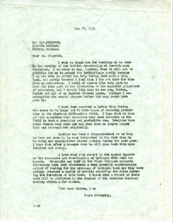 Letter from Linus Pauling to N.V. Sidgwick. Page 1. May 24, 1935