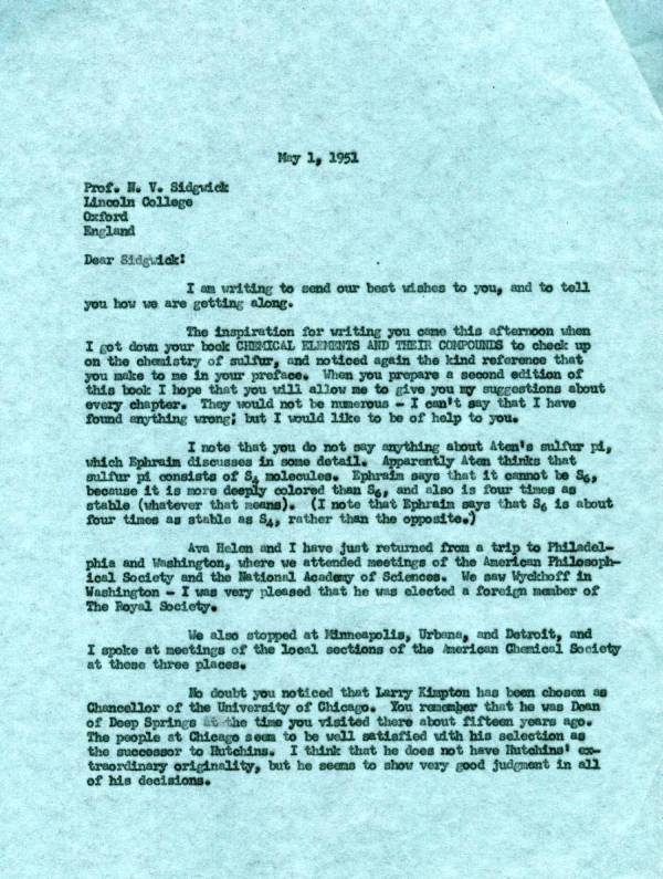 Letter from Linus Pauling to N.V. Sidgwick. Page 1. May 1, 1951