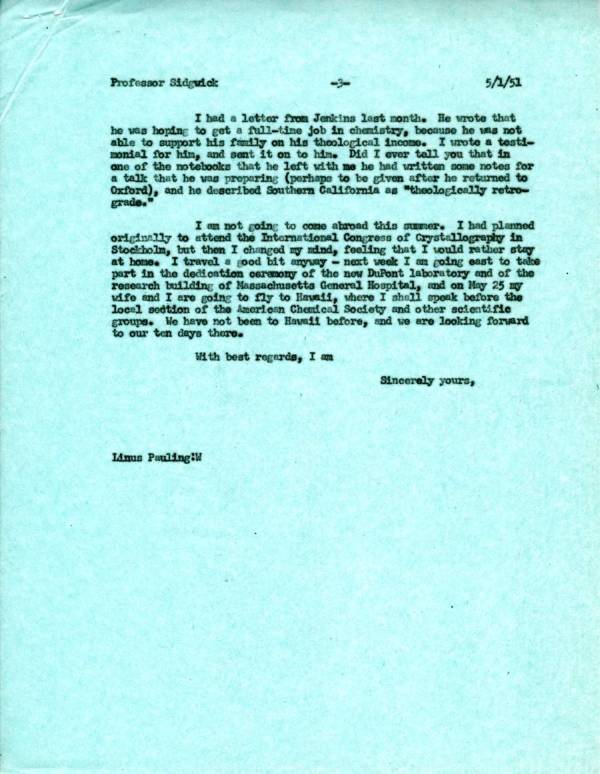 Letter from Linus Pauling to N.V. Sidgwick. Page 3. May 1, 1951