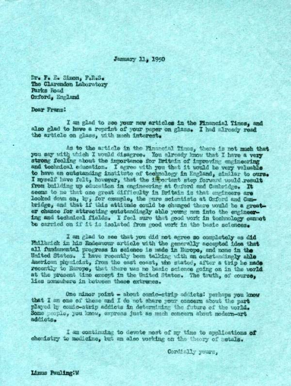 Letter from Linus Pauling to F.E. Simon. Page 1. January 11, 1950