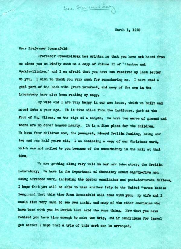 Letter from Linus Pauling to Arnold Sommerfeld. Page 1. March 1, 1940