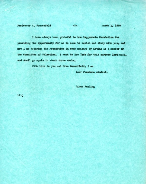 Letter from Linus Pauling to Arnold Sommerfeld. Page 2. March 1, 1940
