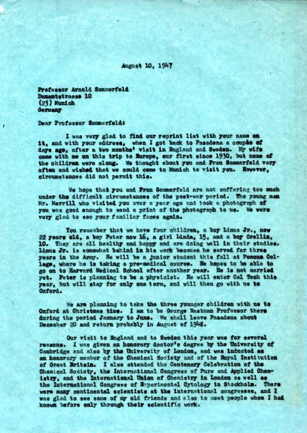 Letter from Linus Pauling to Arnold Sommerfeld. Page 1. August 10, 1947