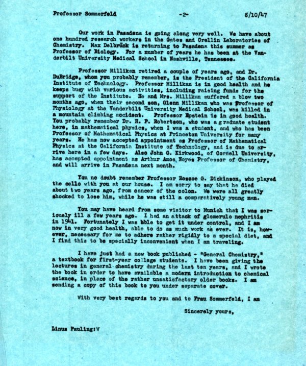 Letter from Linus Pauling to Arnold Sommerfeld. Page 2. August 10, 1947