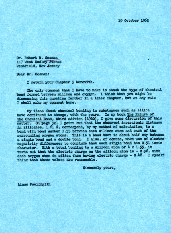 Letter from Linus Pauling to Robert B. Sosman. Page 1. October 19, 1962