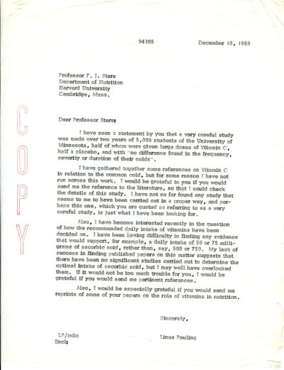 Letter from Linus Pauling to Fred J. Stare. Page 1. December 10, 1969