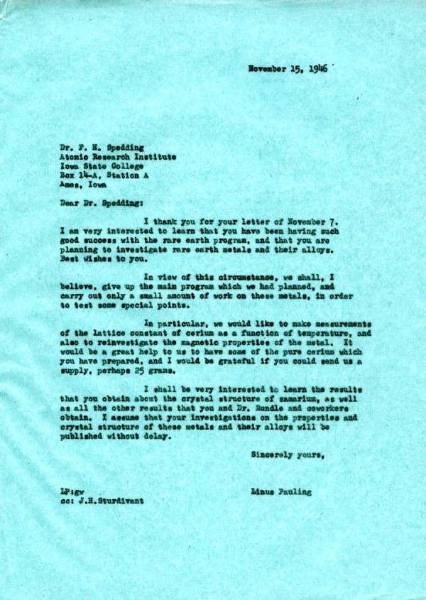 Letter from Linus Pauling to Frank H. Spedding. Page 1. November 15, 1946