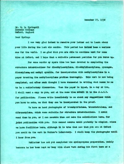 Letter from Linus Pauling to H.D. Springall. Page 1. December 27, 1938