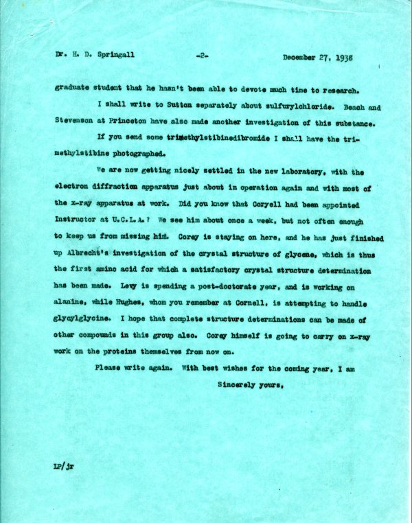 Letter from Linus Pauling to H.D. Springall. Page 2. December 27, 1938