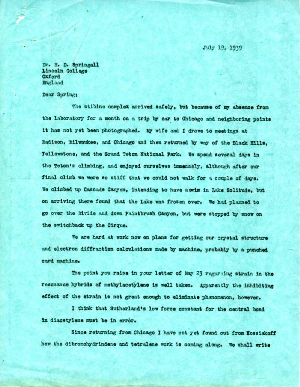 Letter from Linus Pauling to H.D. Springall. Page 1. July 19, 1939