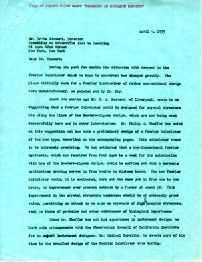 Letter from Linus Pauling to Irvin Stewart. Page 1. April 5, 1939