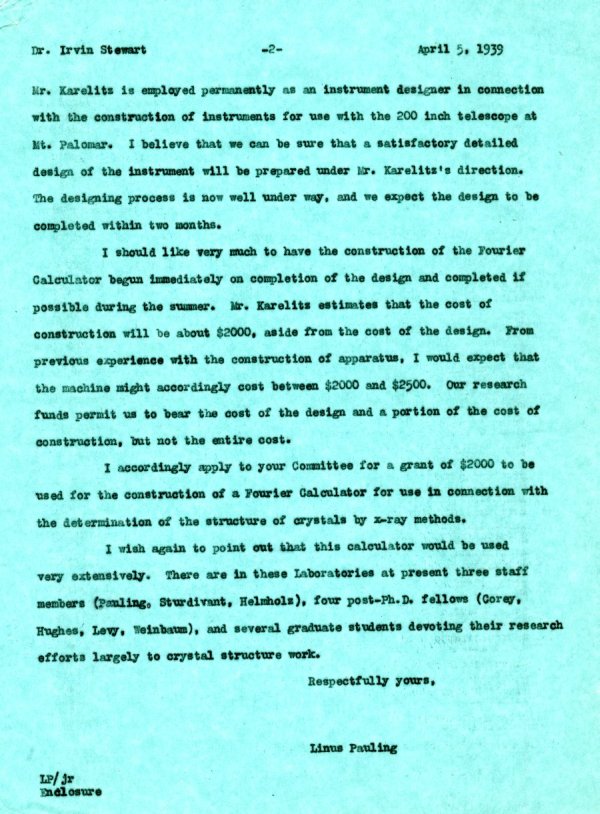 Letter from Linus Pauling to Irvin Stewart. Page 2. April 5, 1939