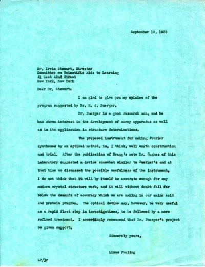 Letter from Linus Pauling to Irvin Stewart. Page 1. September 19, 1939