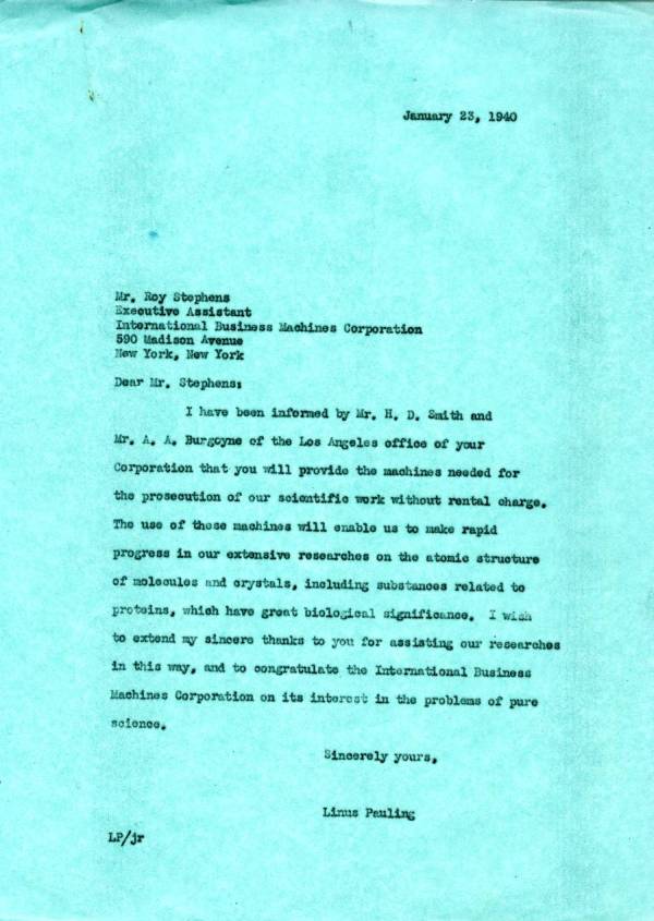 Letter from Linus Pauling to Roy Stephens. Page 1. January 23, 1940