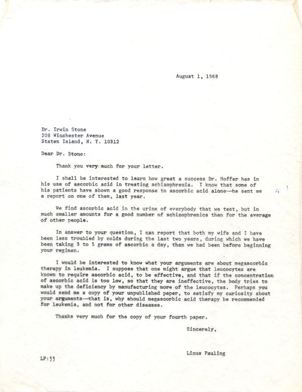 Letter from Linus Pauling to Irwin Stone. Page 1. August 1, 1968