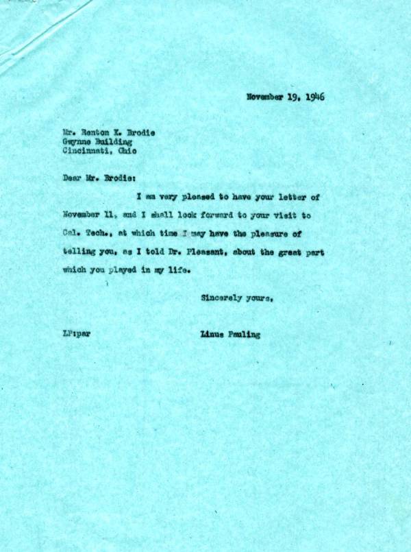 Letter from Linus Pauling to Renton K. Brodie. Page 1. November 19, 1946