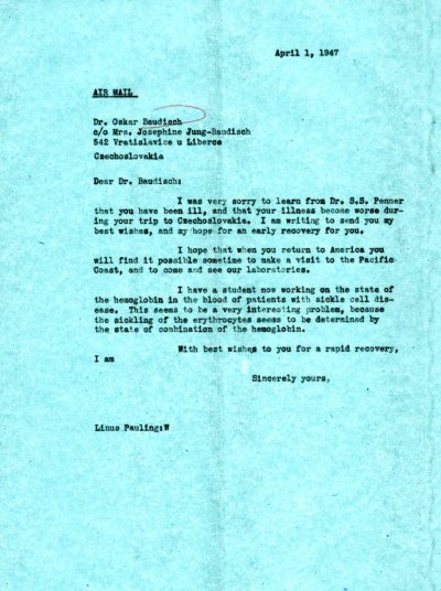 Letter from Linus Pauling to Oskar Baudisch. Page 1. April 1, 1947