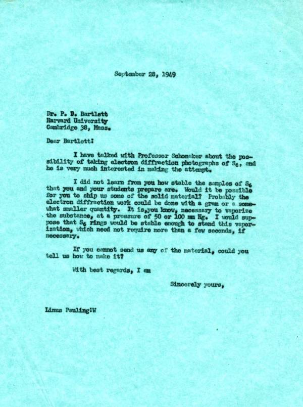 Letter from Linus Pauling to Paul D. Bartlett. Page 1. September 28, 1949