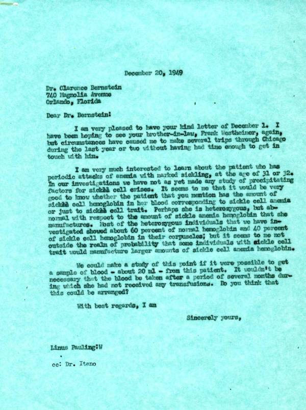 Letter from Linus Pauling to Clarence Bernstein. Page 1. December 20, 1949