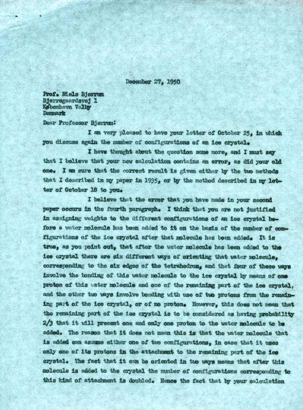 Letter from Linus Pauling to Niels Bjerrum. Page 1. December 27, 1950