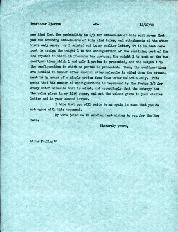 Letter from Linus Pauling to Niels Bjerrum. Page 2. December 27, 1950