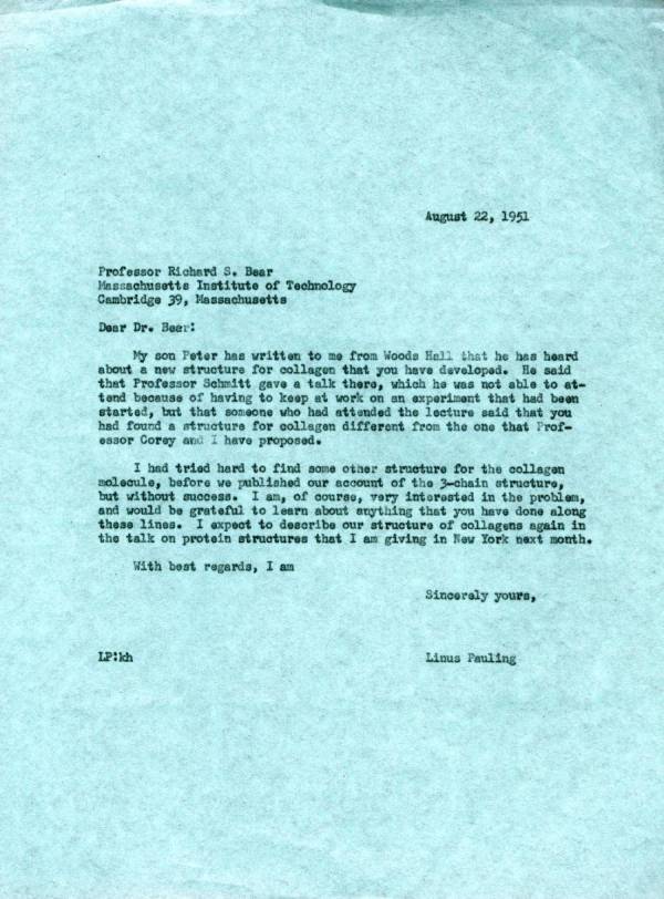 Letter from Linus Pauling to Richard Bear. Page 1. August 22, 1951