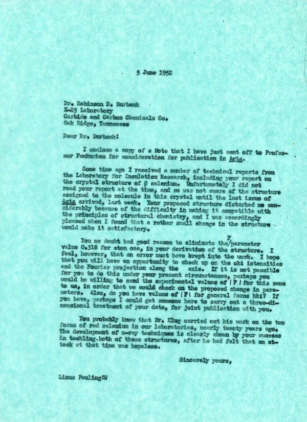 Letter from Linus Pauling to Robinson D. Burbank Page 1. June 5, 1952
