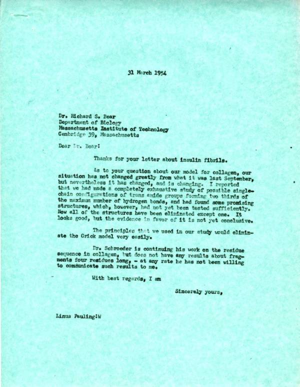 Letter from Linus Pauling to Richard Bear. Page 1. March 31, 1954