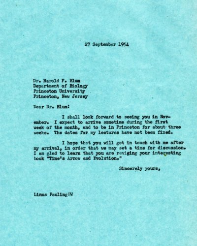 Letter from Linus Pauling to Harold F. Blum. Page 1. September 27, 1954
