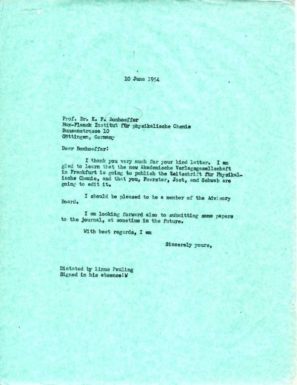 Letter from Linus Pauling to Karl F. Bonhoeffer. Page 1. June 10, 1954