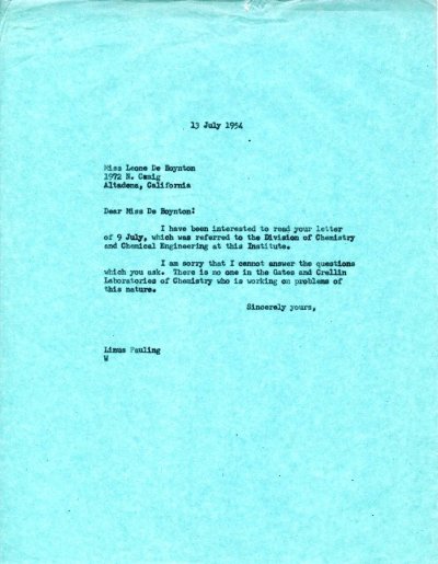 Letter from Linus Pauling to Leone De Boynton. Page 1. July 13, 1954