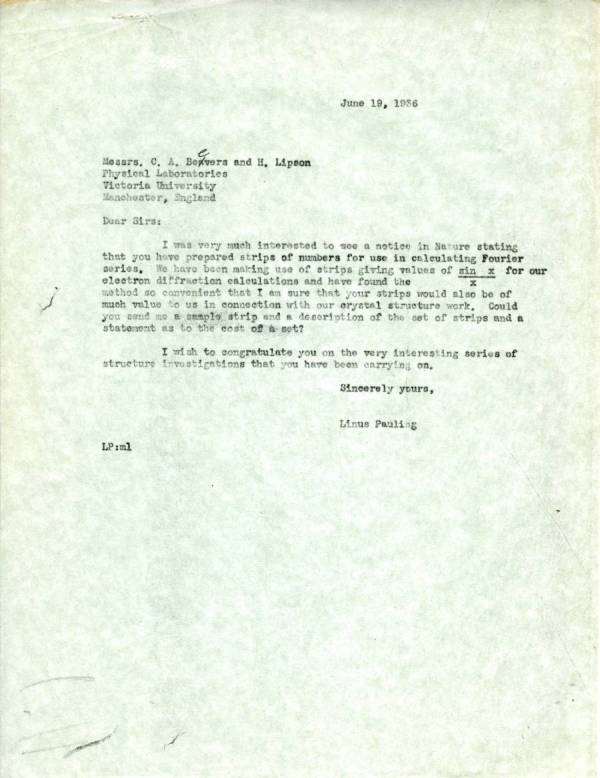 Letter from Linus Pauling to C.A. Beevers and Henry Lipson Page 1. June 19, 1936