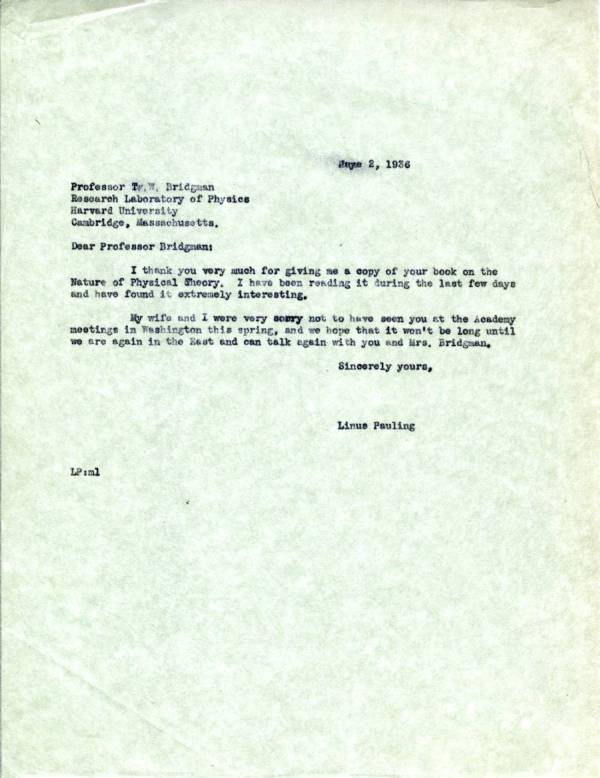 Letter from Linus Pauling to P.W. Bridgman. Page 1. May 2, 1936