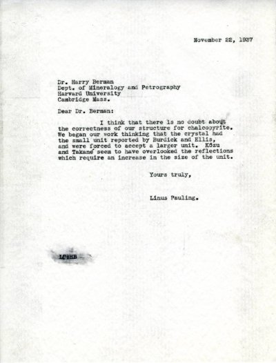 Letter from Linus Pauling to Harry Berman Page 1. November 22, 1937
