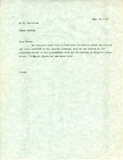 Letter from Linus Pauling to J. Holmes Sturdivant. Page 1. August 18, 1937