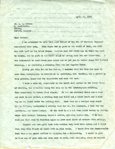 Letter from Linus Pauling to Leslie Sutton. Page 1. April 12, 1938